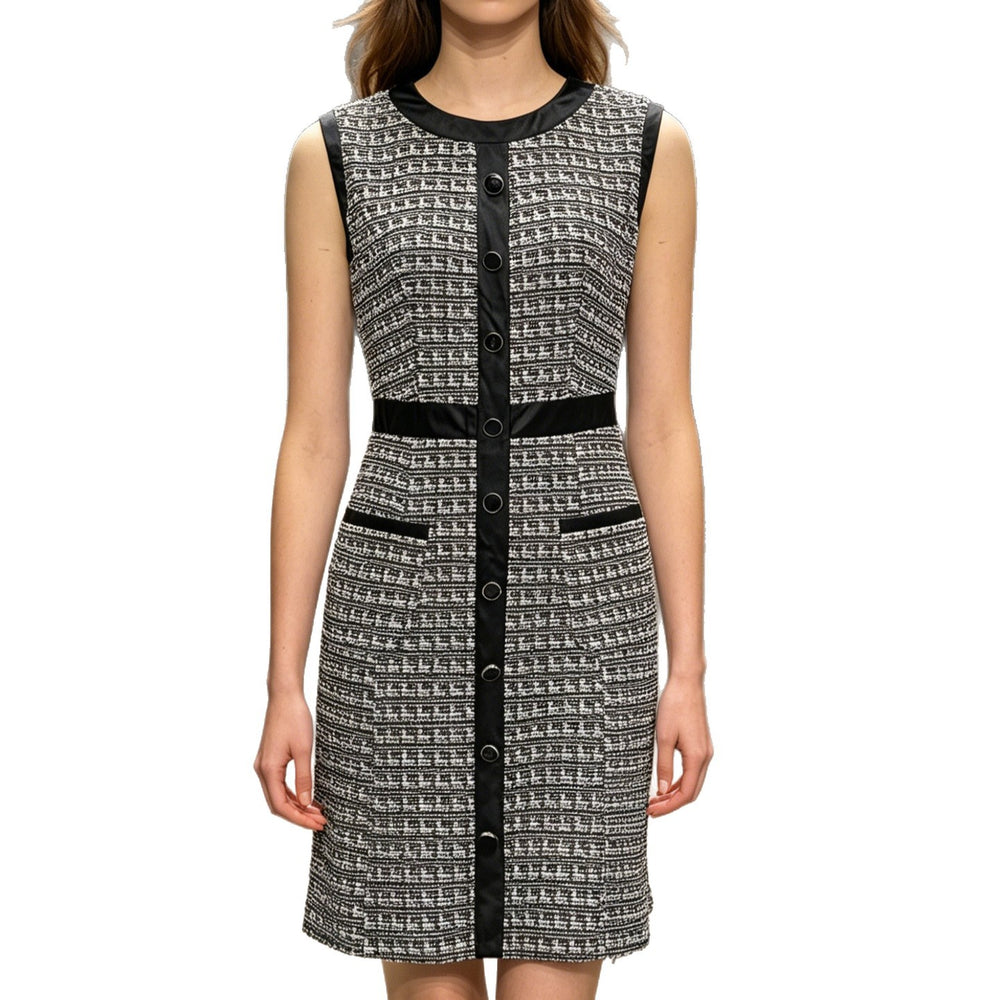 Vestido Falda Línea A con Vivo de Piel Sintética, Estilo Tweed Vintage