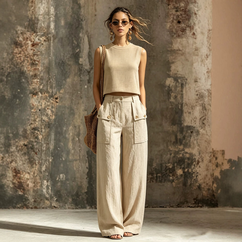 Conjunto de 2 Piezas: Chaleco Tejido + Pantalón Ancho de Lino, Caqui