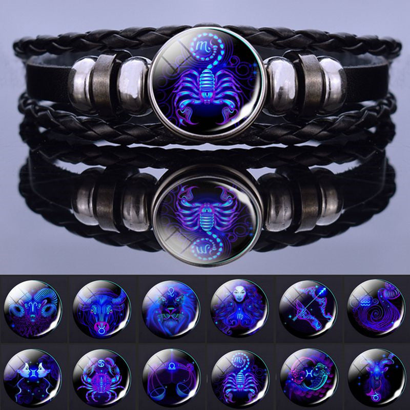 Pulsera de los 12 Signos del Zodíaco, Cuero Trenzado con Cuentas de Cristal