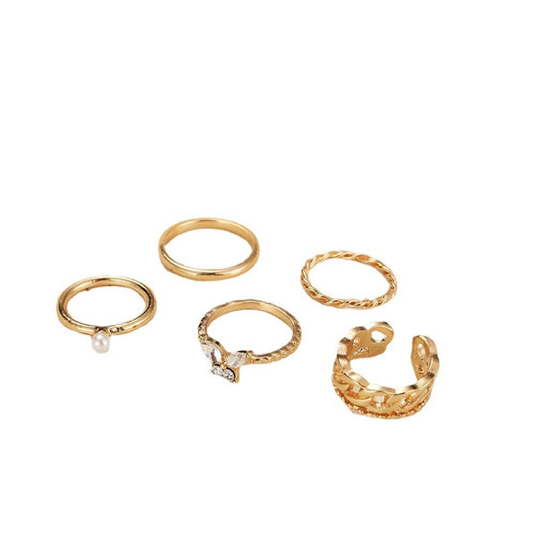Set de 5 Anillos Abiertos Mariposa con Strass y Perlas, Ajustables