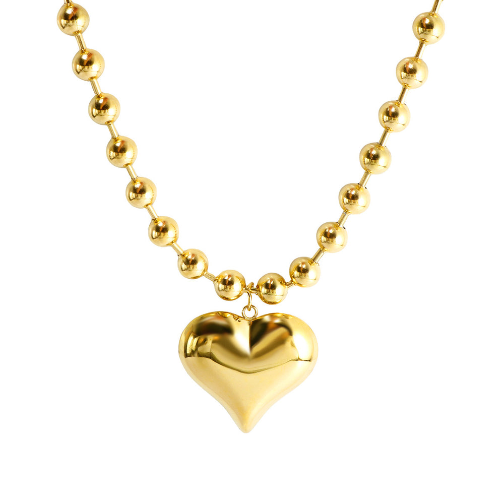Collar de Bolitas con Colgante de Corazón Chapado en Oro 18K, Estilo Minimalista Geométrico