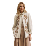 Camisa Chaqueta con Estampado Floral, Cuello Combinado, Versátil