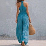 Mono Jumpsuit Sin Mangas con Cuello Halter, Pernera Ancha, para Mujer