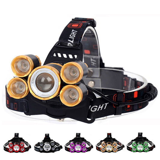 Linterna Frontal LED 5xT6, para Bici y Pesca Nocturna