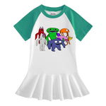 Vestido Infantil de Manga Media con Estampado de Dibujos y Colores Contrastantes