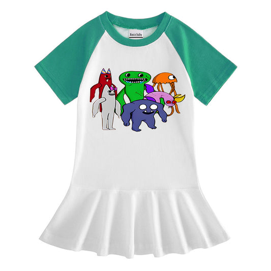 Vestido Infantil de Manga Media con Estampado de Dibujos y Colores Contrastantes