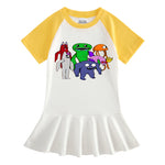 Vestido Infantil de Manga Media con Estampado de Dibujos y Colores Contrastantes