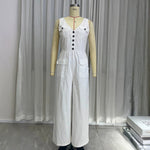 Mono Jumpsuit con Bolsillos y Cuello Pico, Cintura Alta, para Mujer