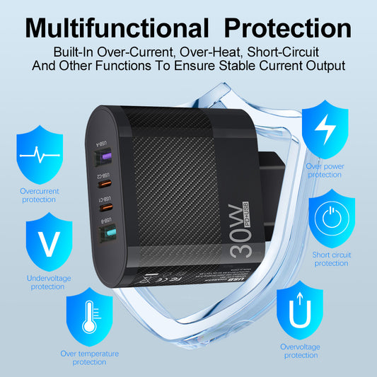 Cargador de Móvil 2 USB + Type-C, 30W