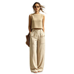 Conjunto de 2 Piezas: Chaleco Tejido + Pantalón Ancho de Lino, Caqui