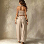 Conjunto de 2 Piezas: Top Corto Cuello V + Pantalón Ancho de Lino, para Mujer