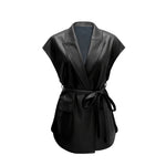 Chaleco de Piel Sintética con Cinturón, Cuello Solapa, para Mujer