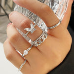 Set de 5 Anillos Abiertos Mariposa con Strass y Perlas, Ajustables