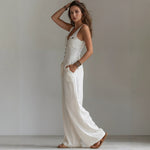Mono Jumpsuit con Bolsillos y Cuello Pico, Cintura Alta, para Mujer