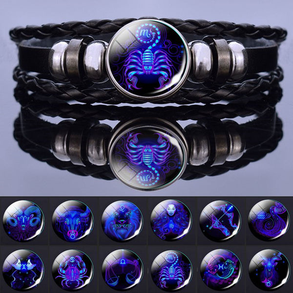 Pulsera de los 12 Signos del Zodíaco, Cuero Trenzado con Cuentas de Cristal