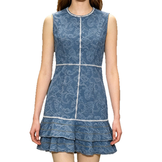 Vestido Vaquero Azul Sin Mangas, Estampado Floral