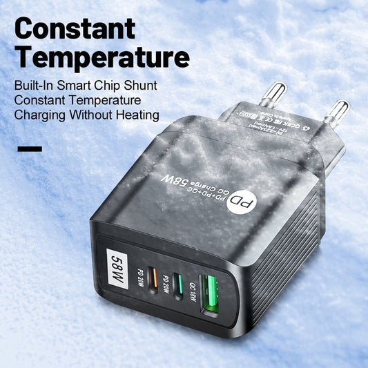 Cargador Doble Carga Rápida 58W, 2 PD + QC3.0
