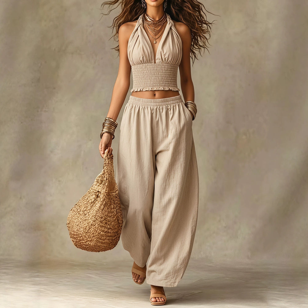 Conjunto de 2 Piezas: Top Corto Cuello V + Pantalón Ancho de Lino, para Mujer