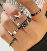 Set de 5 Anillos Abiertos Mariposa con Strass y Perlas, Ajustables