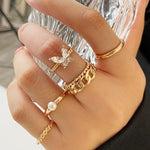 Set de 5 Anillos Abiertos Mariposa con Strass y Perlas, Ajustables