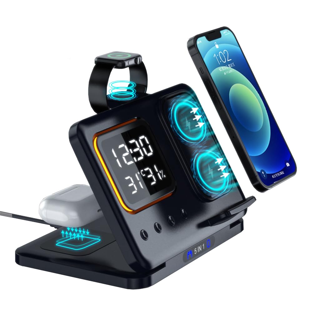 Cargador Inalámbrico de Sobremesa 5 en 1 con Reloj y Luz Nocturna LED