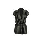 Chaleco de Piel Sintética con Cinturón, Cuello Solapa, para Mujer