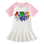 Vestido Infantil de Manga Media con Estampado de Dibujos y Colores Contrastantes