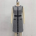 Vestido Falda Línea A con Vivo de Piel Sintética, Estilo Tweed Vintage