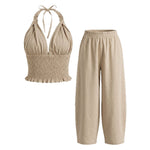 Conjunto de 2 Piezas: Top Corto Cuello V + Pantalón Ancho de Lino, para Mujer