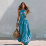 Mono Jumpsuit Sin Mangas con Cuello Halter, Pernera Ancha, para Mujer