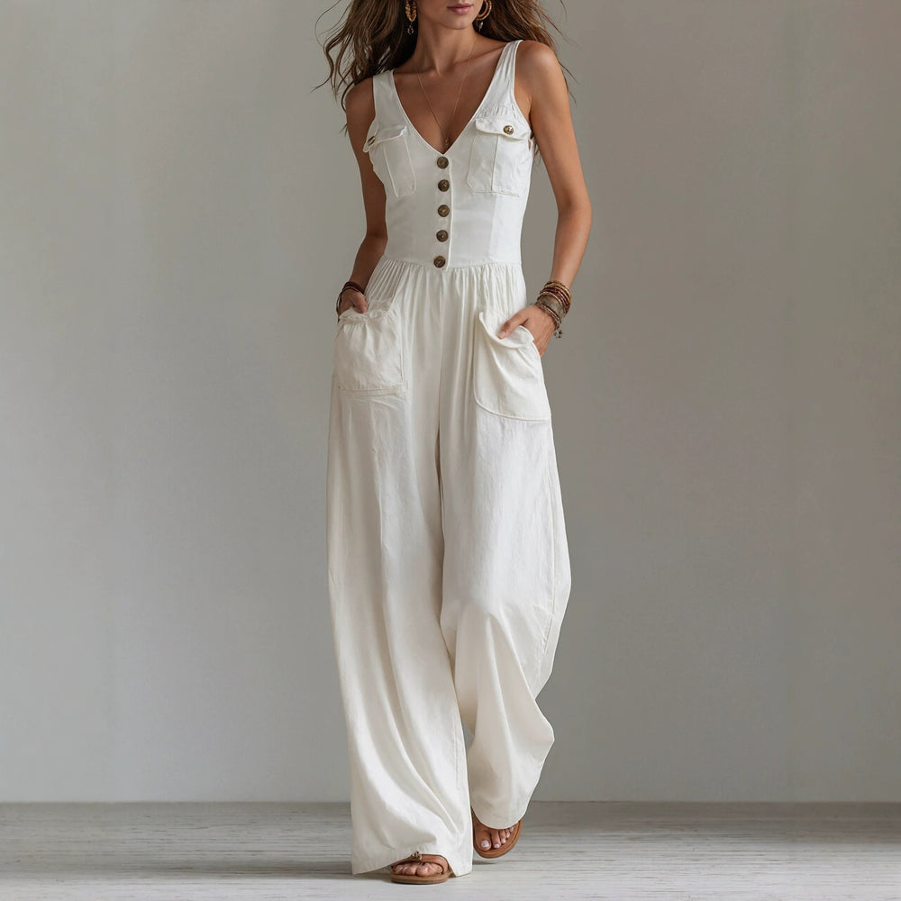 Mono Jumpsuit con Bolsillos y Cuello Pico, Cintura Alta, para Mujer