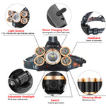 Linterna Frontal LED 5xT6, para Bici y Pesca Nocturna