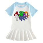 Vestido Infantil de Manga Media con Estampado de Dibujos y Colores Contrastantes
