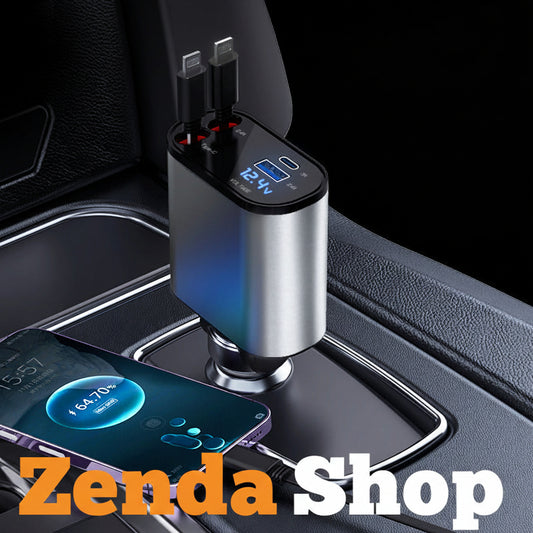 Cargador de Coche Metálico 100W con Cables Retráctiles USB y Type-C, Carga Rápida